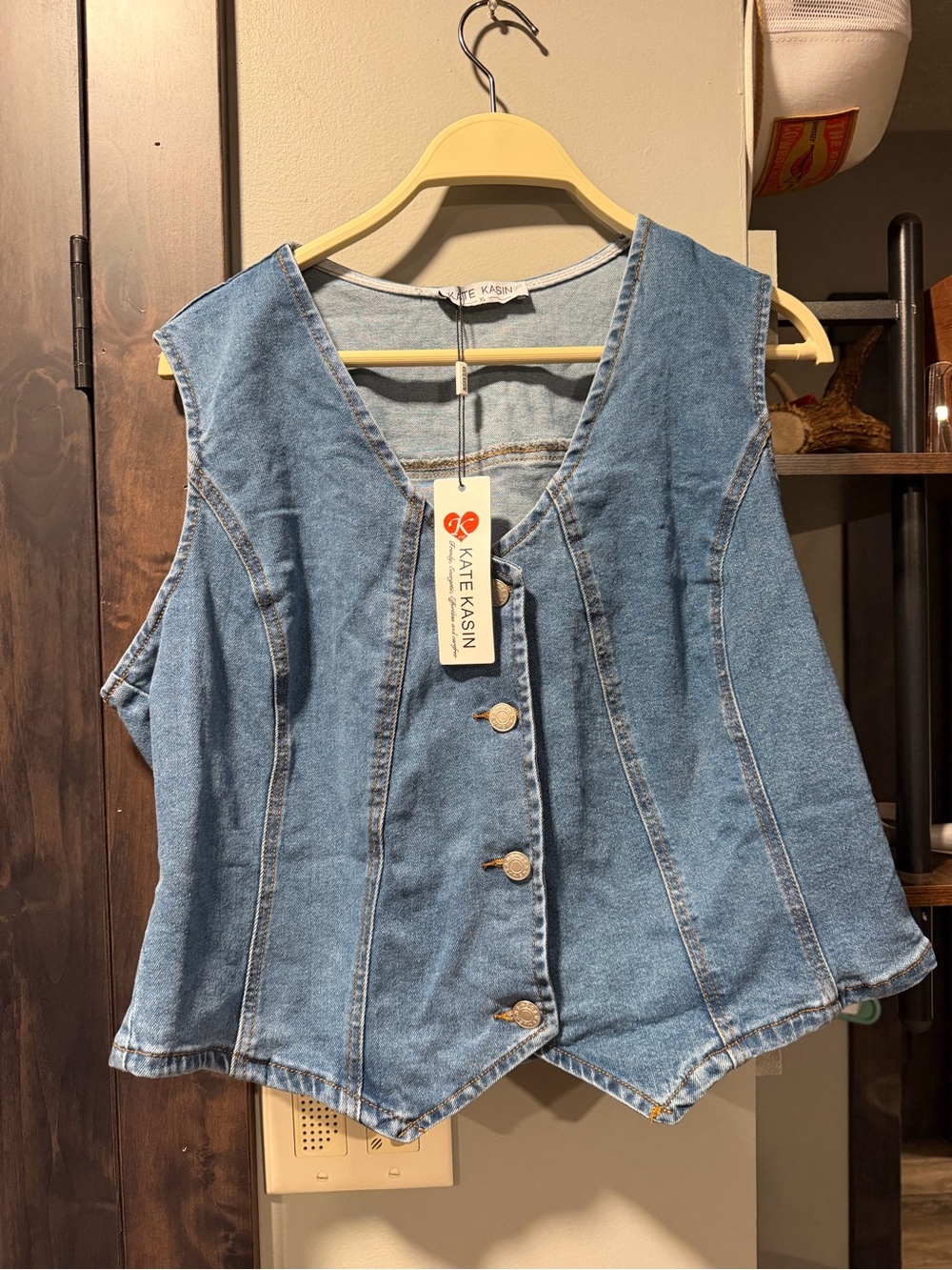 Kate Kasin Denim Button Front Vest Waistcoat XL NWT Medium Wash